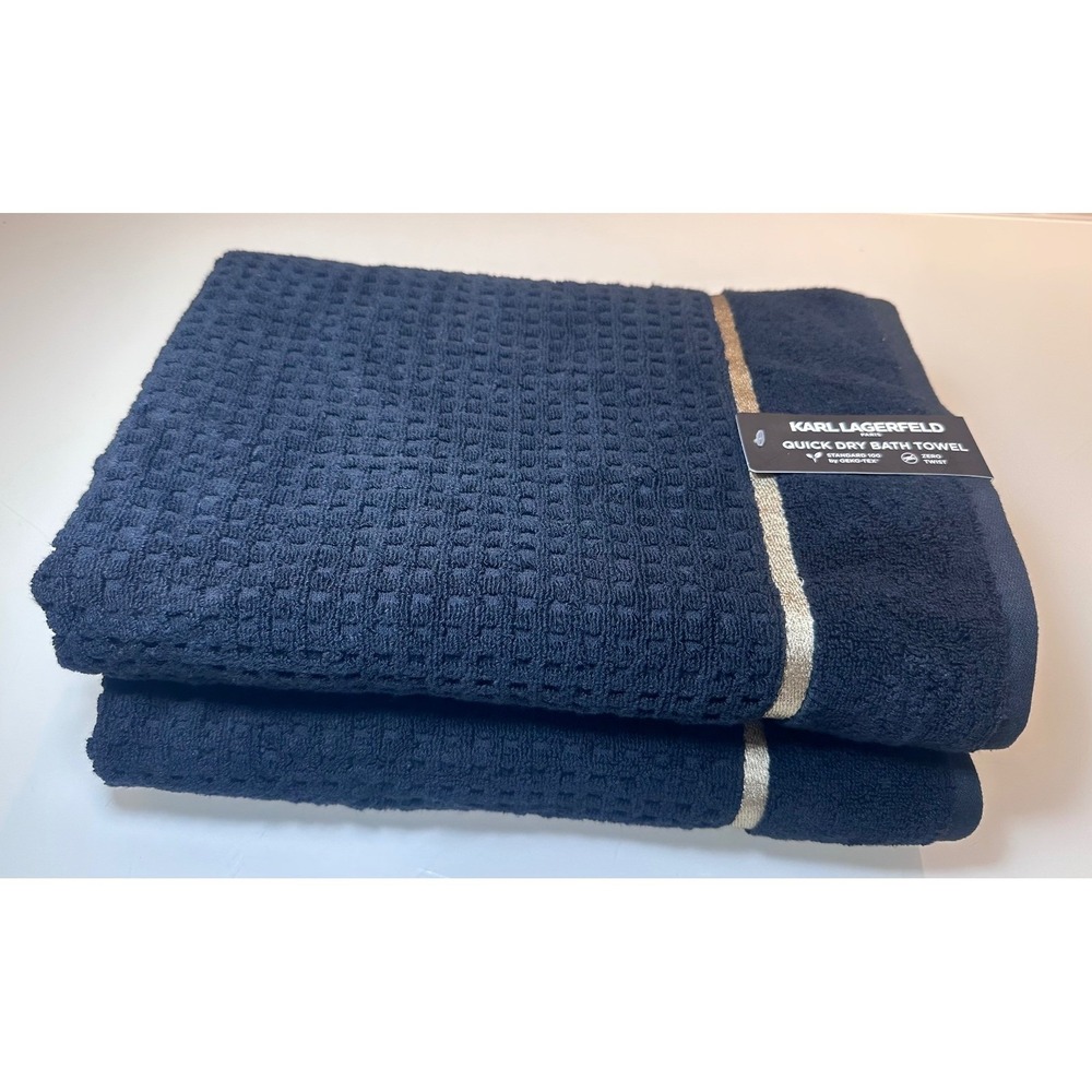 Karl Lagerfeld Paris Black Gold Trim Quick Dry Bath Towel Set 2pc New
